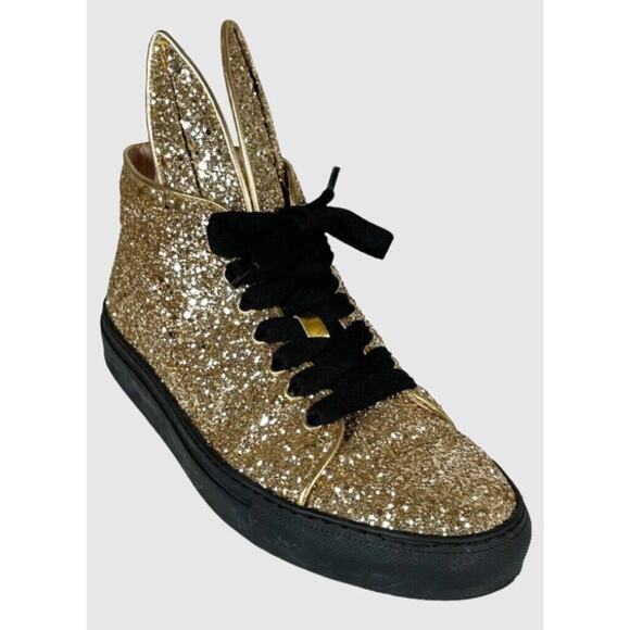 Minna Parikka Bunny Ears Sneaker •Women 40 /US 9• Gold Glitter Black Hi Top - Picture 2 of 15